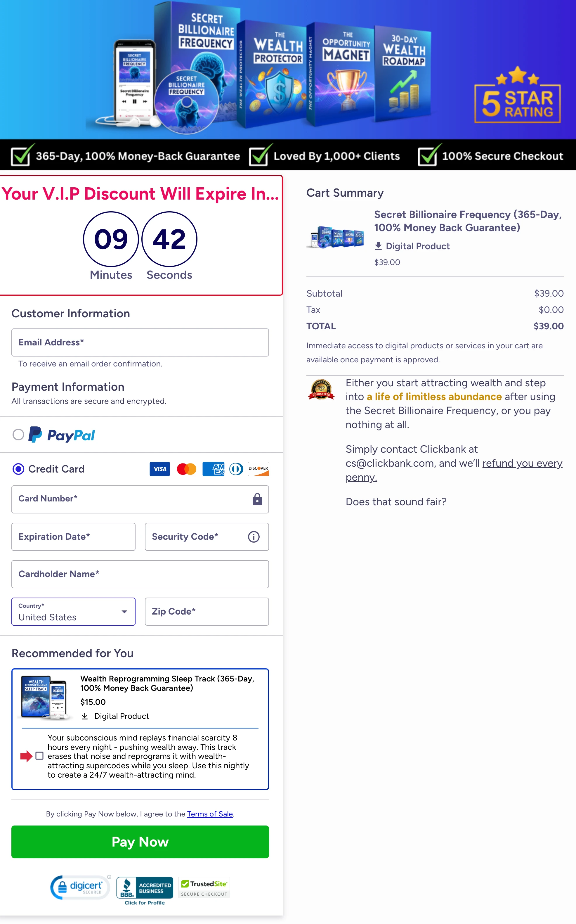 Secret Billionaire Frequency Checkout Page